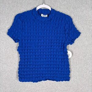 NEW Bubble Smocked Popcorn Top Large Mock Neck Textured Scrunch Cobalt Paula